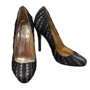 Badgley Mischka Black & Nude Lace Closed Toe 5" Stiletto Heel Pumps Size 8.5